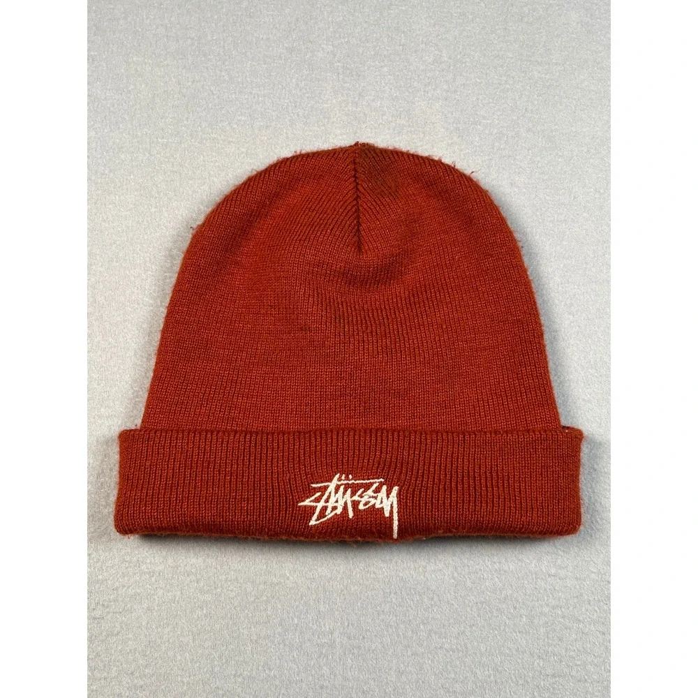 Stussy Beanie Red Knit Logo Embroidered Made in USA‎ Winter Hat